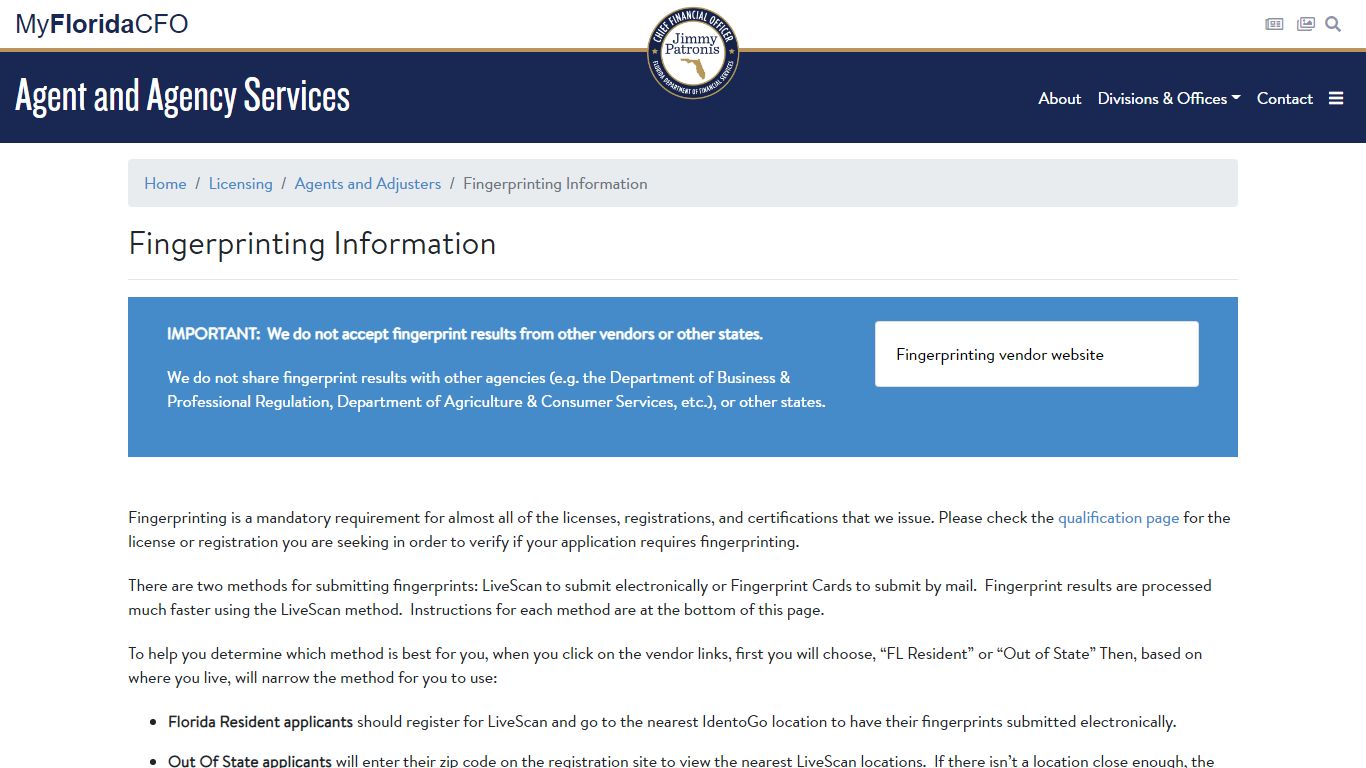 Fingerprinting Information - Insurance Agents and Agency Services